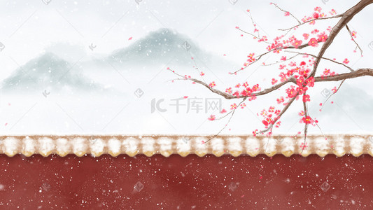 花鸟中式插画图片_中式古风水墨梅花腊梅雪景背景插画