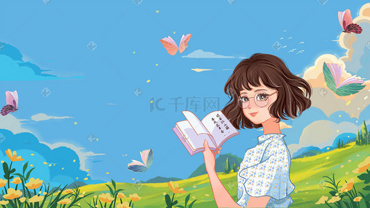 草原草地插画图片_春天短发女孩在户外草地读书