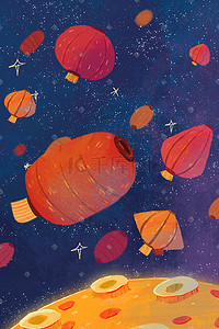红色宇宙插画图片_创意太空灯笼可爱治愈系星球插画