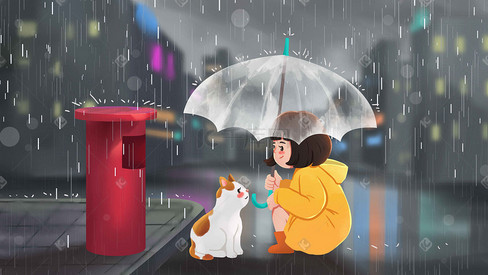 下雨夜景晚上女孩橘猫雨小雨