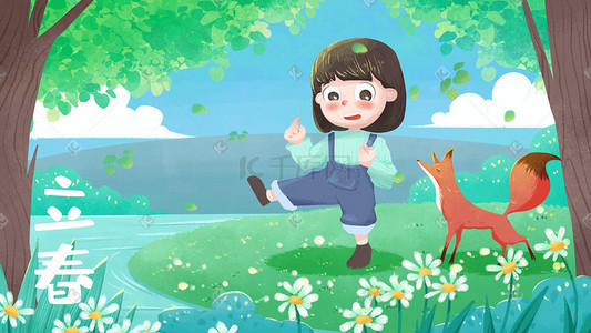 少女旅行插画图片_立春节气少女与狐狸春游童趣插画