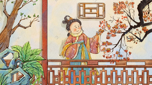 春天春景梅花古代古风庭院走廊风景