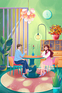 餐厅插画图片_情人节520情侣餐厅约会的情侣清新手绘插