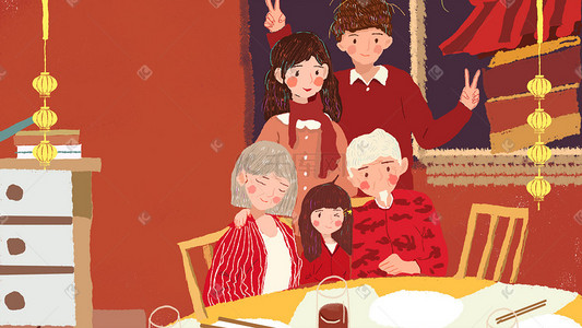 孩子陪伴老人插画图片_春节全家团圆陪伴孩子老人