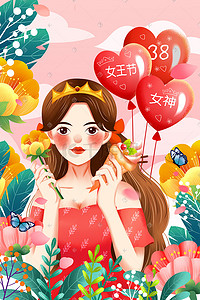 女王女王插画图片_女神节女王节妇女节三月八日气球花朵