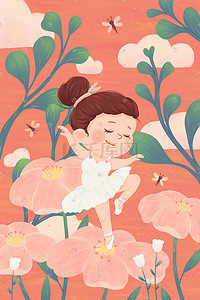 2个小女孩插画图片_春天春景跳舞的小女孩花朵植物唯美治愈