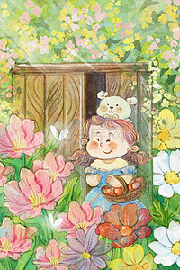 打开书的动效插画图片_花海花朵花唯美治愈水彩女孩打开了春天