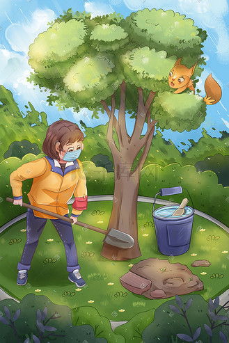 手绘植树节给树浇水铲土的女孩插画