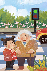 竖排雷锋插画图片_学雷锋纪念日之扶老奶奶过马路场景