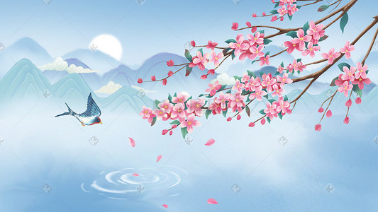 唯美中国风春分花枝燕子山水插画海报背景