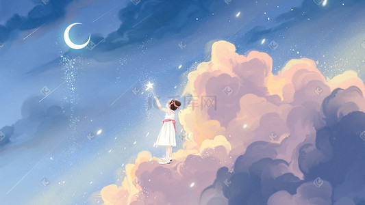 唯美的月亮插画图片_唯美治愈云层中的女孩插画
