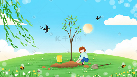 植树海报海报插画图片_卡通扁平风植树节小女孩种树插画海报背景