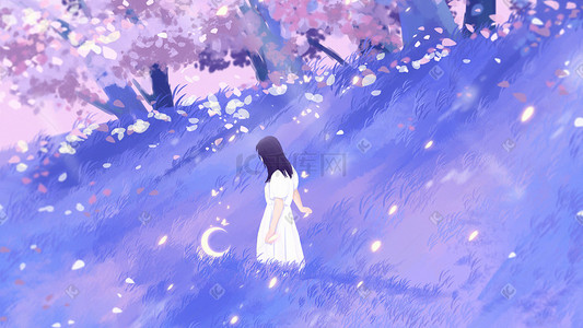 粉色樱花少女插画图片_唯美治愈春天樱花树下少女风景