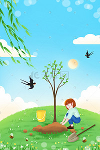 植树背景插画图片_卡通扁平风植树节小女孩种树插画海报背景