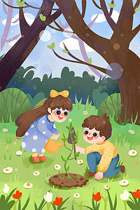 植树节森林手绘插画海报