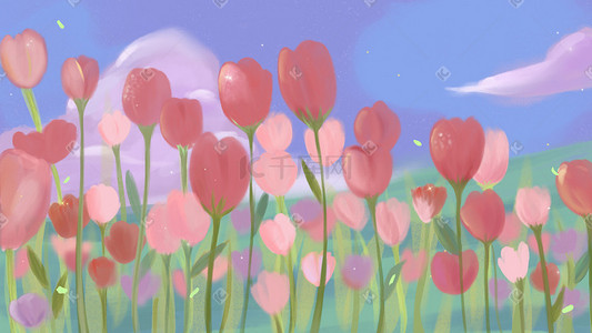 花海花朵唯美治愈郁金香插画唯美卡通背景