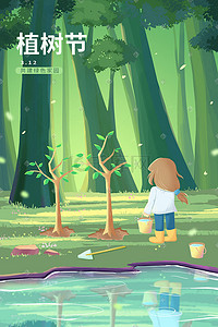 种树场景插画图片_世界植树造林日种树场景插画