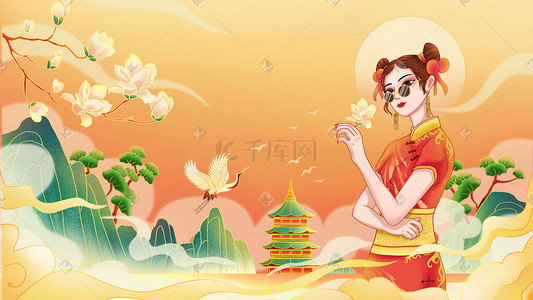 背景女王节插画图片_国潮风38妇女节女神节国潮美女插画海报