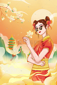 背景女王节插画图片_国潮风38妇女节女神节国潮美女插画海报