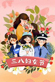 三八妇女节职业女性手绘插画海报