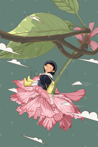樱花女孩插画图片素材_春天樱花女孩唯美治愈系插画