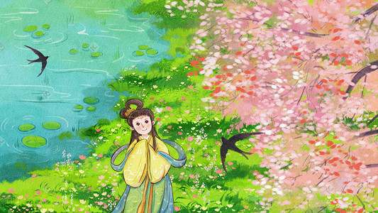 自然樱花插画图片_樱花春天唯美治愈古风女子花中风景