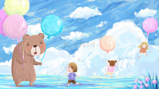 儿童教育可爱插画图片_可爱唯美治愈天空蓝天云插画小熊