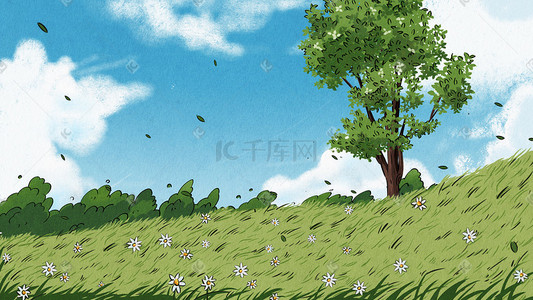 春季温馨插画图片_春天春季野外草地草坪大树美景