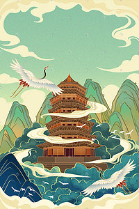 国潮风楼阁中国风建筑古风手绘插画