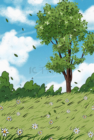 春天春季野外草地草坪大树美景