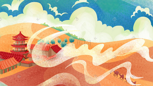 沙漠跑步的人插画图片_敦煌沙漠古建筑蓝天白云骆驼