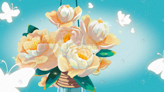 蓝色花瓶插画图片_鲜花玻璃花瓶蝴蝶创意海报