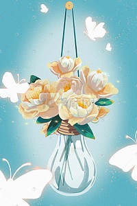 环保创意海报插画图片_鲜花玻璃花瓶蝴蝶创意海报
