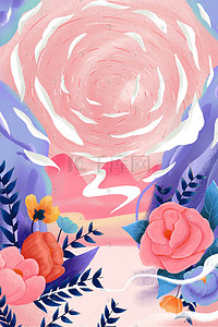 红色鲜花背景插画图片_鲜花紫色粉色唯美红色手绘插画