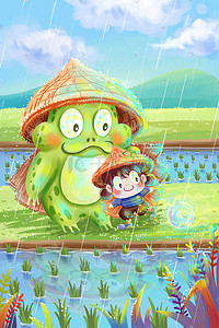 天空雨水插画图片_二十四节气之谷雨