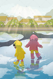 春天下雨唯美卡通雨水小孩子踩水坑