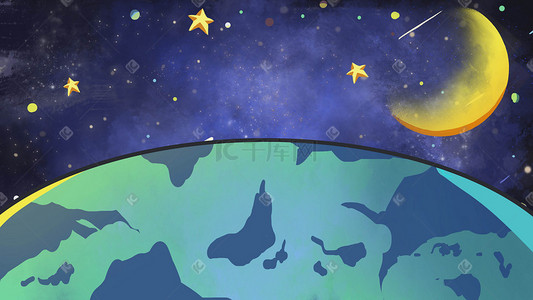宇宙地球插画图片_矢量扁平地球夜晚夜空星星插画