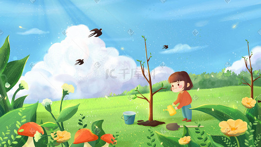 风景绿植插画图片_春天户外小女孩种树大自然风景插画