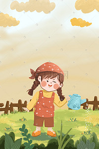 夏天的小女孩插画图片_夏天花园浇花的小女孩