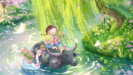 蚂蚁过河插画图片_清明节清明小女孩骑牛过河