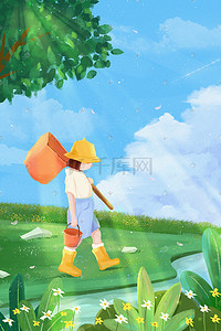 风景的背景插画图片_夏天户外河边玩耍的女孩风景插画背景