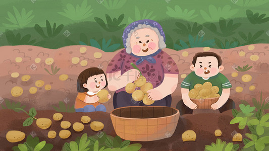 外婆和孙女插画图片_五一劳动节劳动之帮奶奶收土豆场景