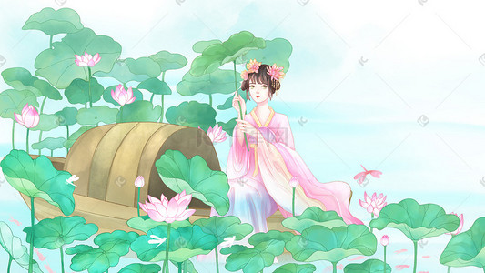 立夏水彩插画图片_古风水彩夏天夏季荷花女孩插画海报背景