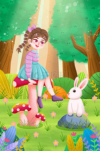 小清新卡通唯美夏天立夏少女兔子玩耍