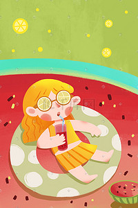 红色西瓜背景插画图片_夏天夏季可爱绿色红色系背景