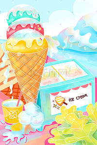 缤纷插画图片_卡通缤纷夏日冰淇淋雪糕冰块夏天大暑