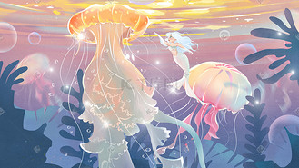 浪漫梦幻彩色海底世界泡泡水母美人鱼手绘