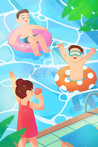 手绘游泳池插画图片_手绘扁平夏天夏季游泳池玩耍插画