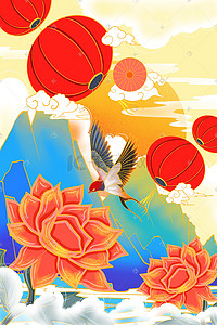 国潮花卉鸟类灯笼背景插画
