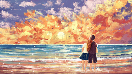 520海边沙滩夕阳下情侣温馨天空云